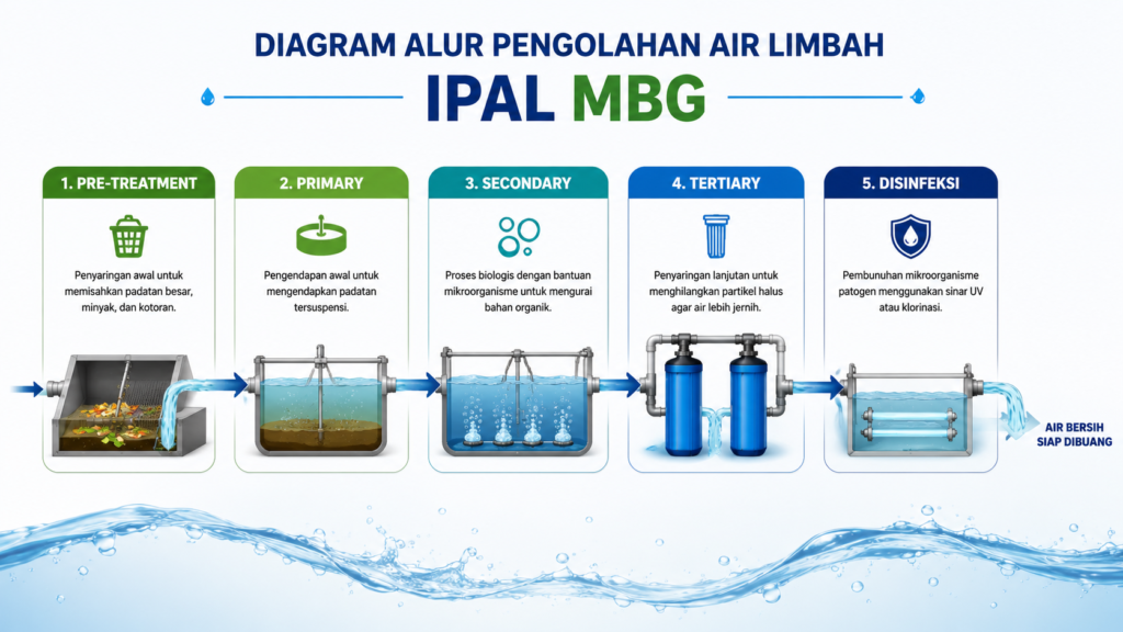 Infografik 5 tahapan proses pengolahan air limbah pada IPAL: pre-treatment, primary, secondary, tertiary treatment, dan disinfeksi