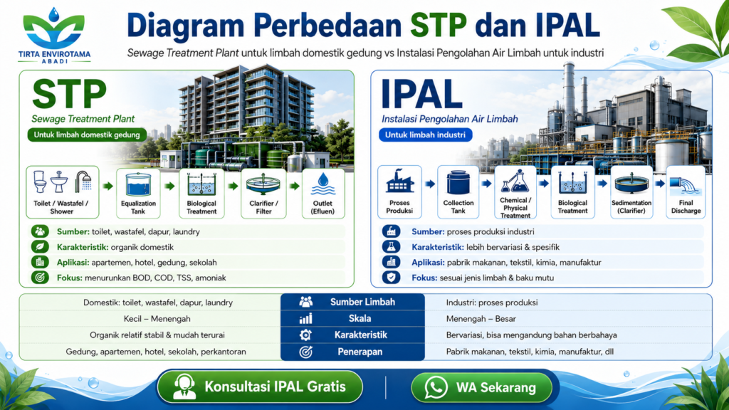 Diagram perbedaan STP dan IPAL — Sewage Treatment Plant untuk limbah domestik gedung vs Instalasi Pengolahan Air Limbah untuk industri